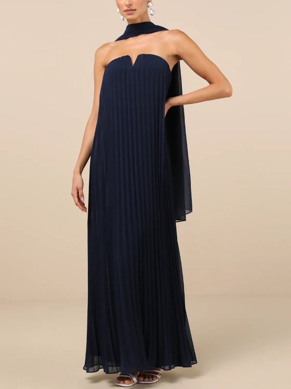 Lulus Navy Pleated Maxi Dress | Strapless (scarf not included) | S